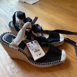 Brand new with tags, espadrille style wedges with ankle ribbon ties, Zara S 38